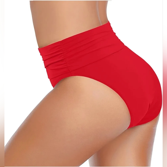 High Waisted Rouche Red Bikiny Swim Bottom - Medium - NWOT - Picture 3 of 9